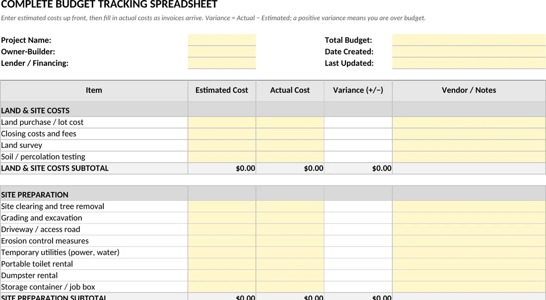 The budget workbook open in a spreadsheet: cost categories down the left with estimated cost, actual cost, variance, and vendor columns across, and subtotals filled in by formula.