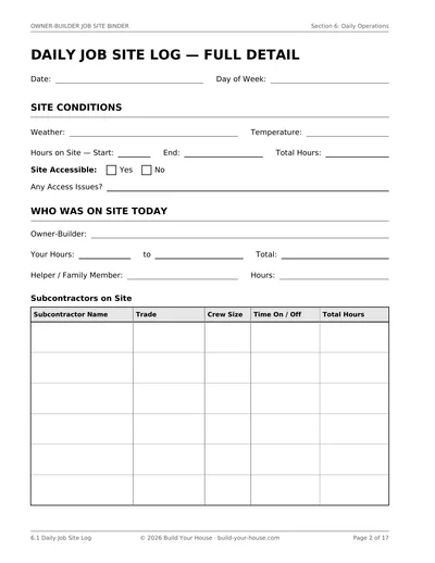 Binder page 6.1, the Daily Job Site Log: a one-page form with fields for crew on site, weather, deliveries, and delays.