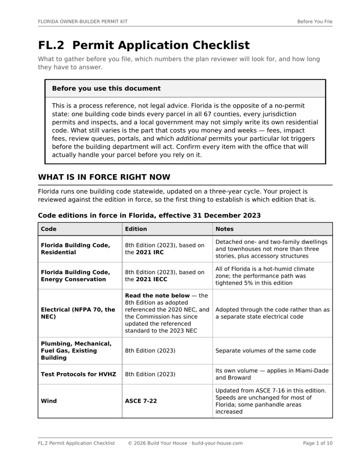 Page 1 of FL.2: the table of code editions in force — the 8th Edition 2023 Florida Building Code based on the 2021 IRC, energy on the 2021 IECC, wind on ASCE 7-22, a separate Test Protocols volume for the High-Velocity Hurricane Zone — with the electrical row pointing to a note about the 2020 and 2023 editions of the NEC