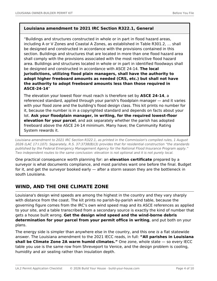 Page 4 of LA.2: the Louisiana amendment to 2021 IRC Section R322.1 quoted in a bordered callout, showing that local jurisdictions may adopt higher freeboard amounts but may not adopt amounts less than those required in ASCE 24-14, with the kit’s explanation that Louisiana sets a floor rather than leaving elevation entirely to parishes