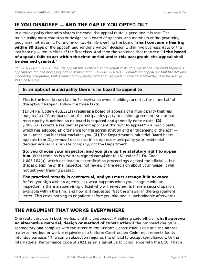 Page 4 of PA.3: a boxed explanation chaining three provisions to show that no board of appeals exists in an opt-out municipality, that the right to appeal is expressly limited to municipalities which adopted an ordinance, and that the Industrial Board hears only Department decisions — concluding that you choose your inspector and give up the statutory right to appeal him